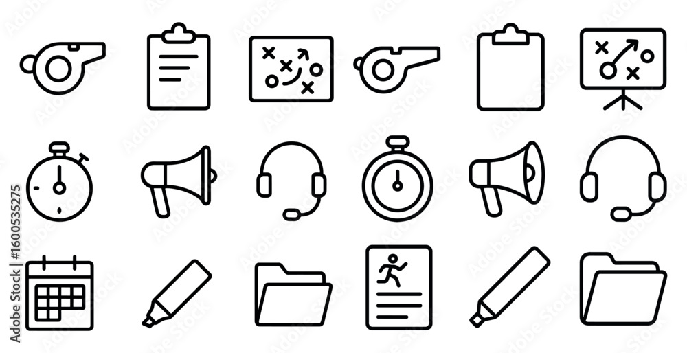 Sports strategy outline icons set – line, game, planning visuals