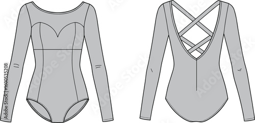 Long sleeve bodysuit with sweetheart neckline and strappy criss-cross back. Fashion technical flat sketch with illusion yoke and front/back views.