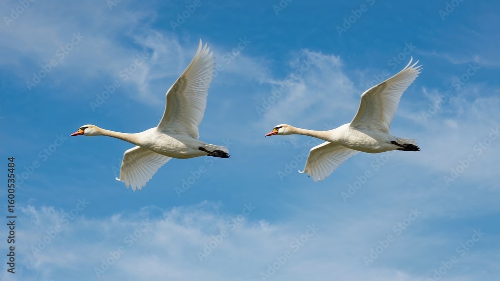 Obraz premium Whooper swan Cygnus cygnus flying high above, featuring two groups and a yellow beak distinctive of the Eurasian type.