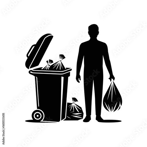 Silhouette illustration of a person disposing of garbage bags in a wheelie bin