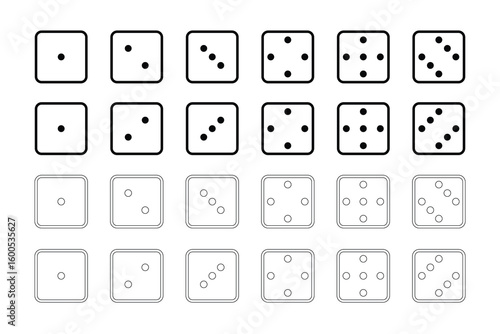 Collection of different game dice cube icon set or betting icon set black and white with dot numbers from one to six vector illustration.