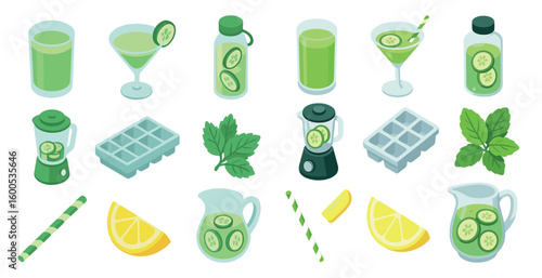 Refreshing drinks flat icons set – tropical, beverage, cocktail design elements