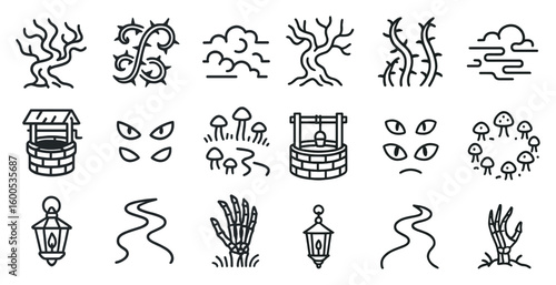 Spooky halloween outline icons set – line, vector, creepy and haunted designs