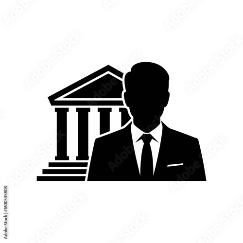 Businessman silhouette icon in front of a bank or government building vector