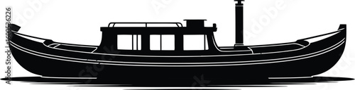 Black silhouette of a narrowboat on a white background silhouette isolated on white background