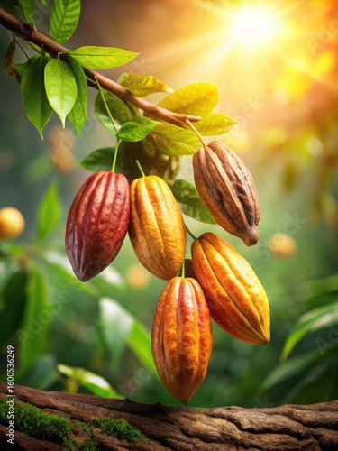 Exotic cacao fruit pods suspended in mid-air from a lush green tree branch against a warm sunny backdrop of the rainforest canopy