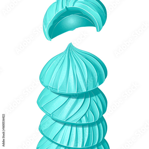 Light teal meringue cookies stacked against black background
