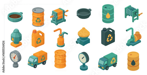 Recycling and waste management icons set – isometric, sustainability symbols