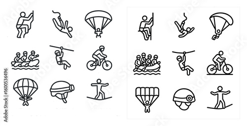 Outdoor adventure outline icons set – linear, silhouette, extreme sports graphics