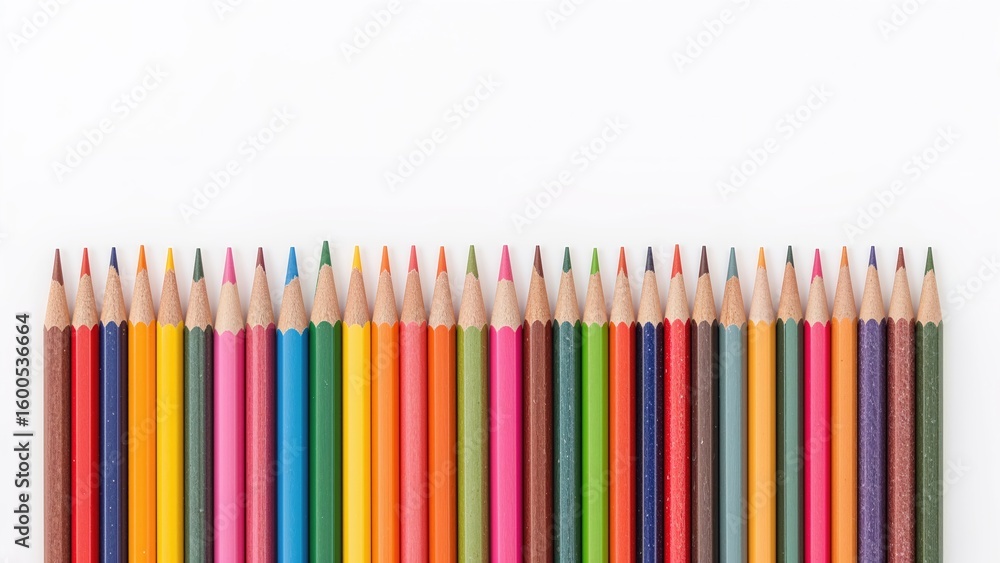 Obraz premium Collection of multicolored wooden pencils laid out on white