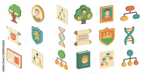 Biological family trees isometric icons set – 3d, heritage and ancestry symbols