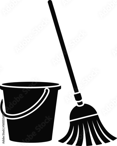 Cleaning Mop and Bucket Silhouette Vector Illustration