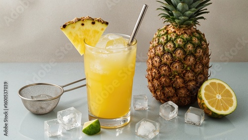 Pineapple cooler drink in glass with yellow juice ice cubes and pineapple slice beside wooden strainer on light surface with copy space