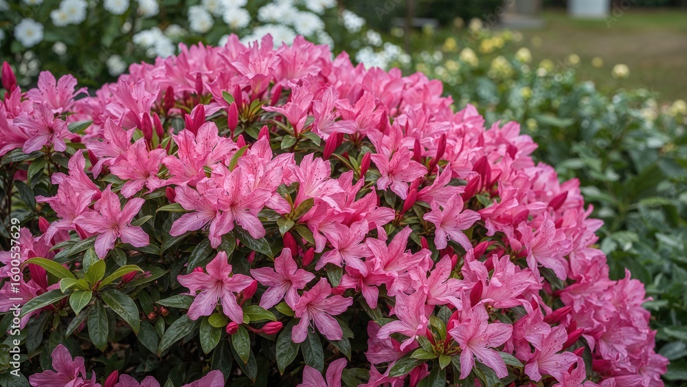 Obraz premium Lush Pink Azalea Plants with Flowers in Green Space