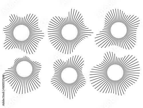  Abstract Sound Wave-Inspired Circular Line Burst Set with Irregular Shapes – Black and White Vector Elements for Audio Visualization, Tech Graphics, Logos, and Modern Design Projects