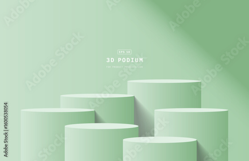 Empty green room with set of six steps 3D cylinder podium pedestal or product display stand. 3D vector geometric platform design. Minimal wall scene for mockup. Stage for product presentation