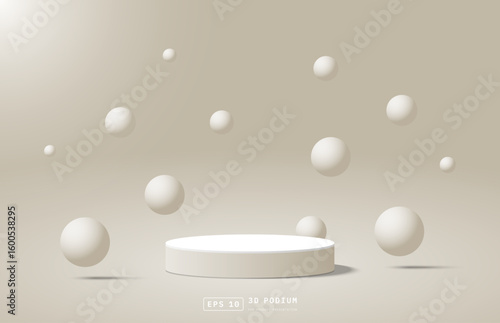 Abstract white cream 3d cylinder podium pedestal or stage for show product with balls floating or bouncing up and down on the air. Round 3D stage scene for showcase. Vector geometric platforms design