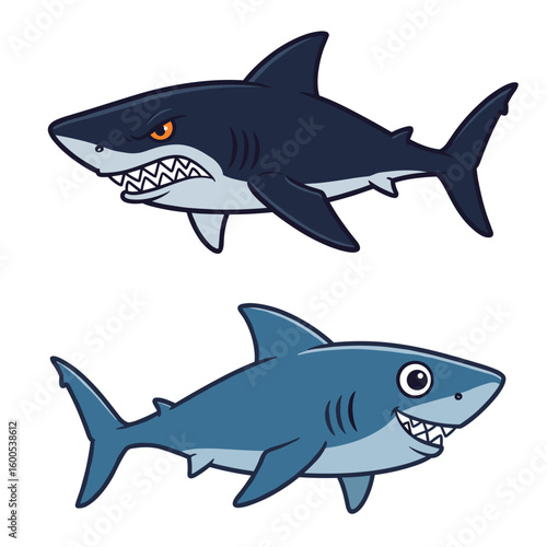 Two cartoon-style sharks on a white background