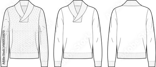 CAD drawing flat vector illustration of shawl collar sweater, stylish knitwear garment layout, fashion design sketch, front back views