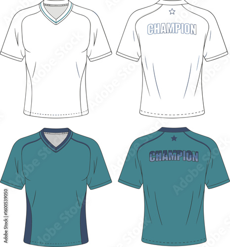 Champion sports t-shirt vector design, front and back view, athletic wear sketch, v-neck short sleeve jersey, cad drawing template