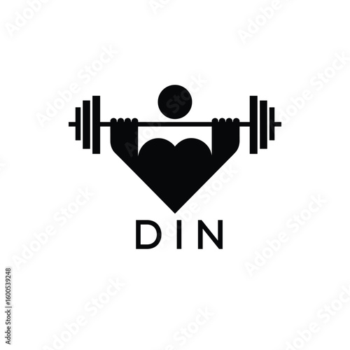 07Minimalist DIN Logo with Dumbbell and Strong Arm Silhouette - Fitness Icon Design. DIN Letter Logo.
