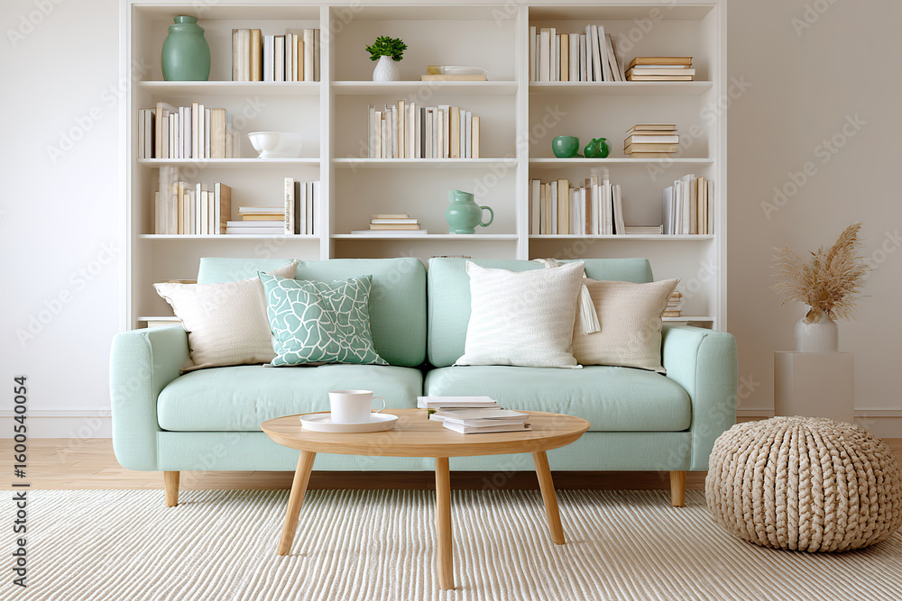 Fototapeta premium Cozy living room featuring a bookshelf wall with decorative elements and a comfortable sofa