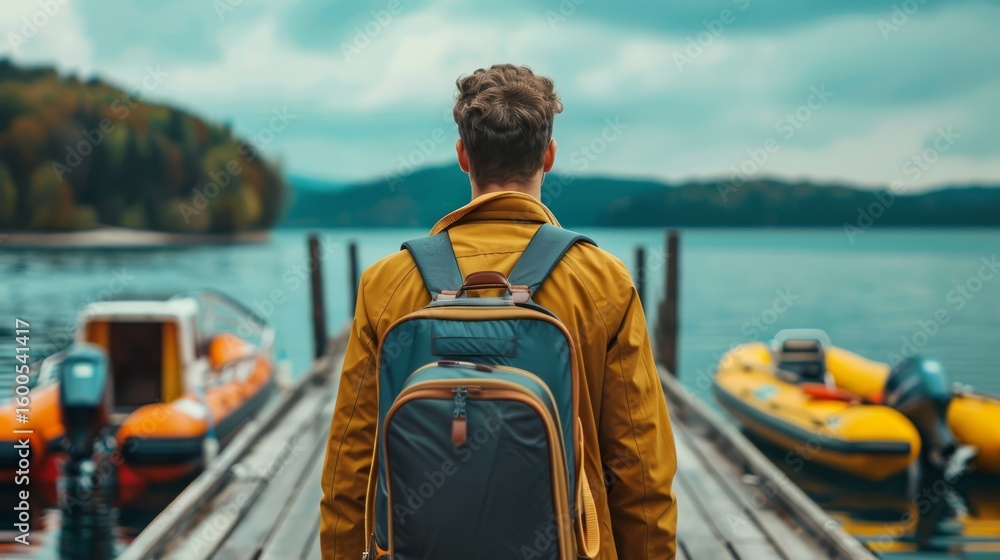 Fototapeta premium A young Caucasian man with curly hair stands on a wooden pier, gazing at the tranquil lake surrounded by boats and lush hills under a cloudy sky.