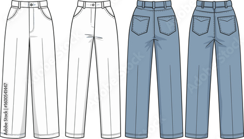 Women’s high waist straight leg jeans, front and back view, technical fashion sketch, flat vector, denim style, cad drawing illustration