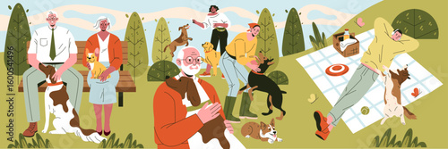 Enjoying Leisure Time with Dogs in the Park Illustration