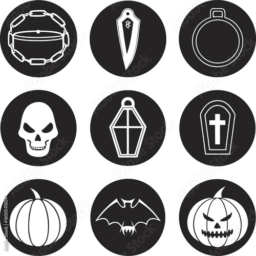 Halloween themed icons featuring a cauldron bat skull coffin pumpkin and more symbols