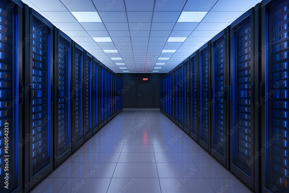 Fototapeta premium High-Tech Data Center Server Room with Rows of Racks and Network Equipment for Technology and Cloud Infrastructure Concepts