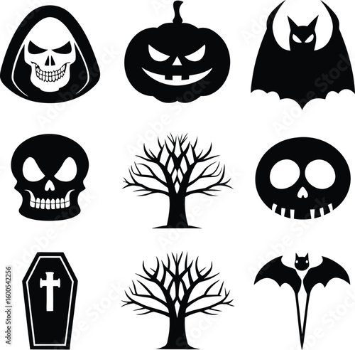 Spooky Halloween Icons Grim Reaper Pumpkin Bat Skull Coffin Bare Tree vector