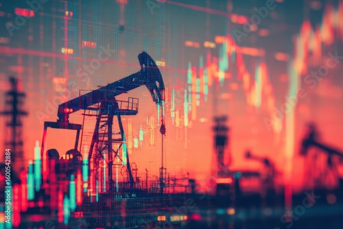 Ground drilling rig (pumping jack) for oil extraction, with energy and natural resources market quotations in the background