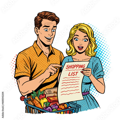 Couple happily reviewing grocery shopping list with cart of produce  
