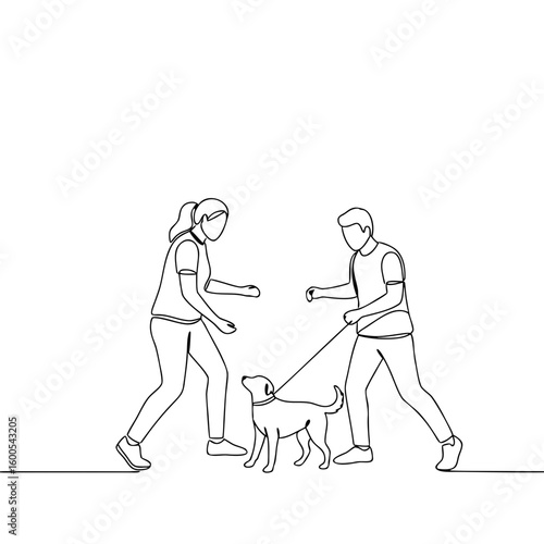 Couple training dog together in minimalist line art style  