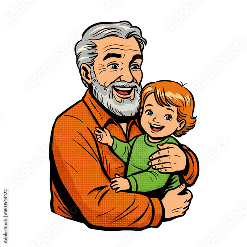 Happy grandfather holding smiling grandson in colorful clothing  