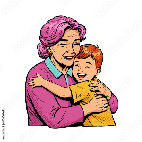 Grandmother hugging grandson and smiling with joy indoors  