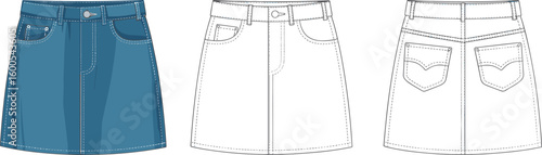 CAD drawing flat vector illustration of denim skirt, front slit detail, structured fashion layout, stylish garment design, technical sketch views