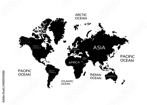 Black world map with labeled continents and oceans on white