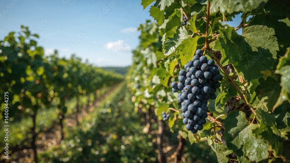 Fototapeta premium Bunch of ripe blue grapes hanging from vine with green leaves in a vineyard under clear blue sky during daytime