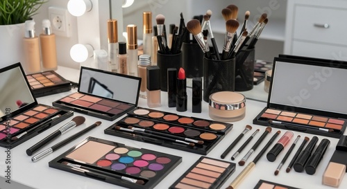 A collection of makeup products arranged on a white vanity table, ready for use.
