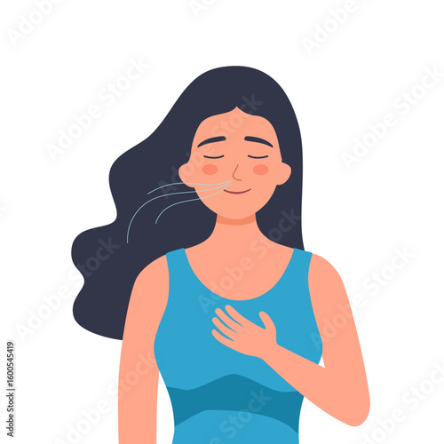 Mental health concept with pretty young woman. Young girl doing breathing exercise. care. Awareness, mindfulness and meditation. Flat vector illustration isolated on white background