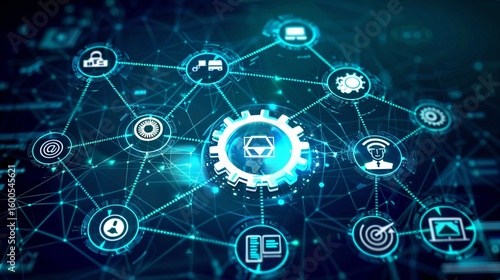 Wallpaper Mural Interconnected gears with embedded icons representing technology, automation, and workflow processes, symbolizing digital innovation, system integration, and efficient business operations in a modern  Torontodigital.ca