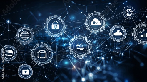 Interconnected gears with embedded icons representing technology, automation, and workflow processes, symbolizing digital innovation, system integration, and efficient business operations in a modern 