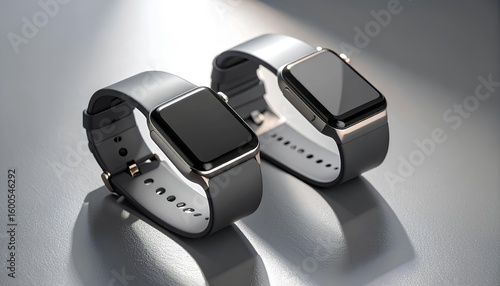 Two Stylish Smartwatches with Dark Screens on a Reflective Surface