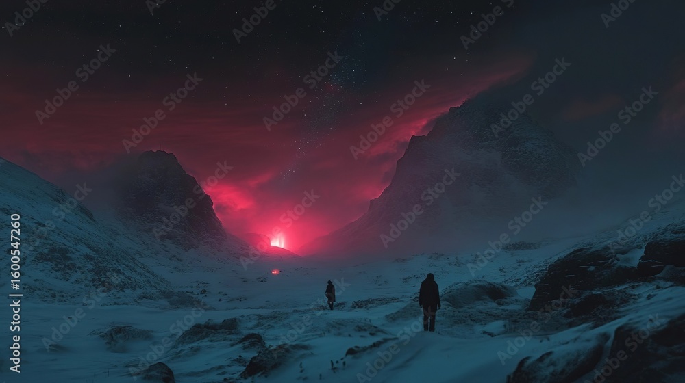 Naklejka premium Two figures stand in a snow-covered mountain pass under a vibrant pink-red sunset