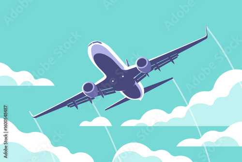 Airplane gaining altitude between clouds. Travel and vacation time. Vector illustration in a minimalistic style.
