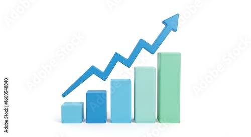 3d blue arrow graph showing upward trend with increasing bar chart segments