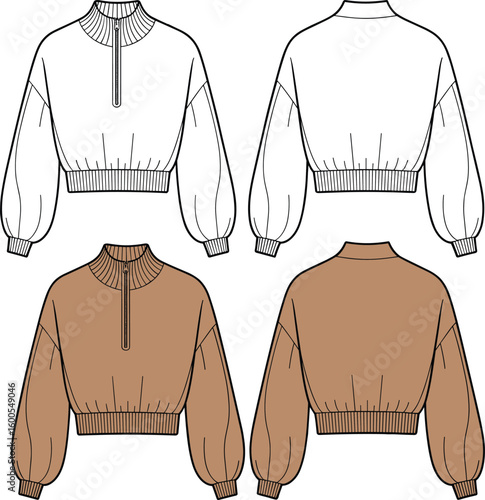 Fashion cad flat sketch of cropped half zip pullover with ribbed hem, balloon sleeves, high collar, front and back view