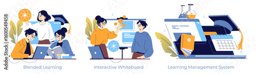 Blended Learning and Interactive Education Vector Illustration
